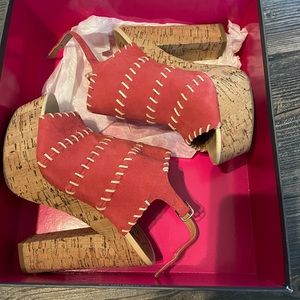 Kelsi Dagger coral and beige cow hidde and cork heels